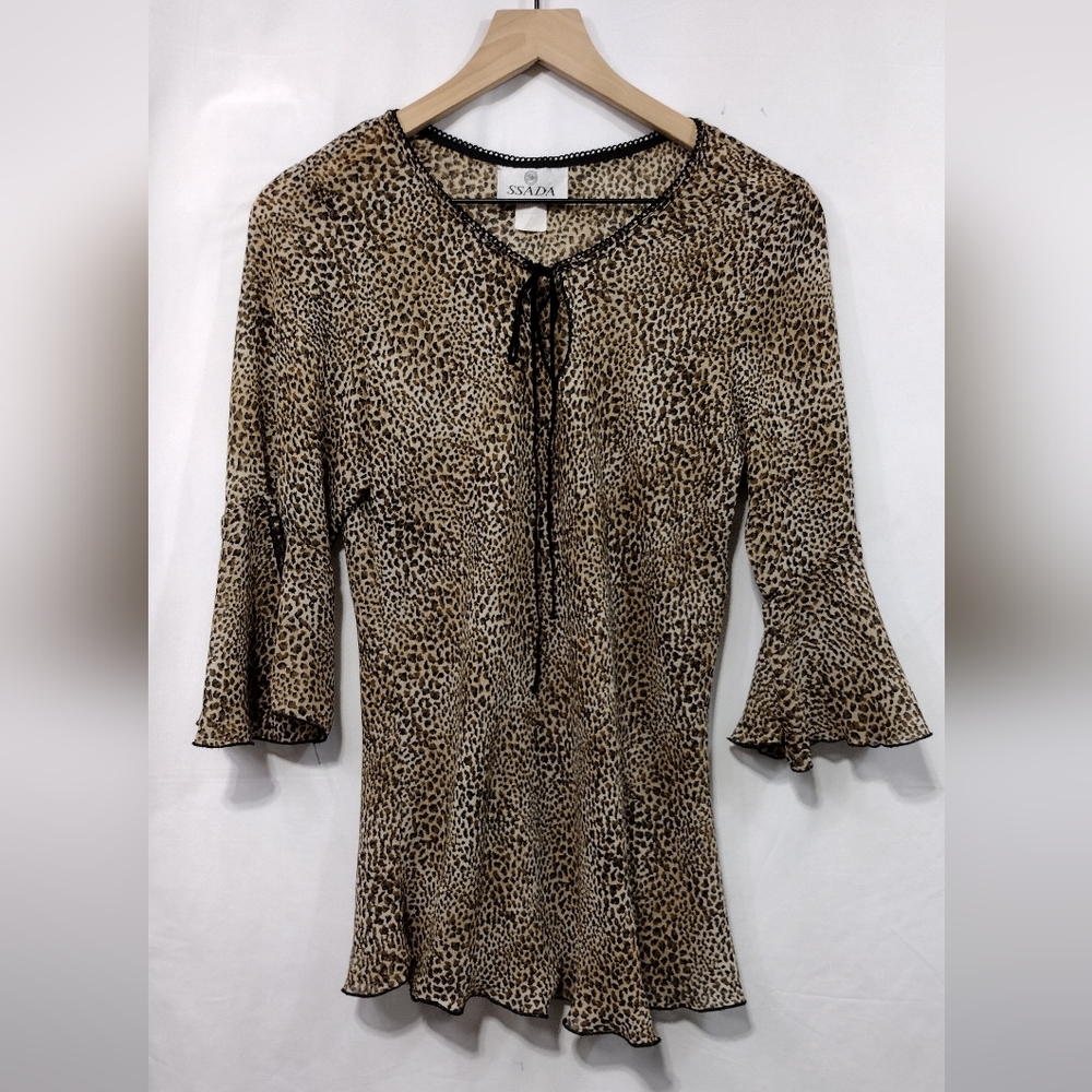 Vintage SSADA Animal Print Blouse Women's L Brown Boho Retro Y2K Grunge Hippie